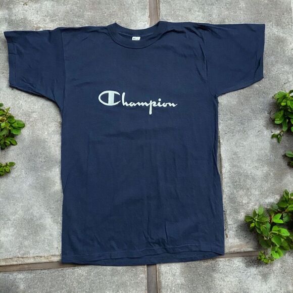 Champion Vintage 90s Single Stitch Embroidered Navy T-Shirt Mens Size Large - Picture 1 of 9